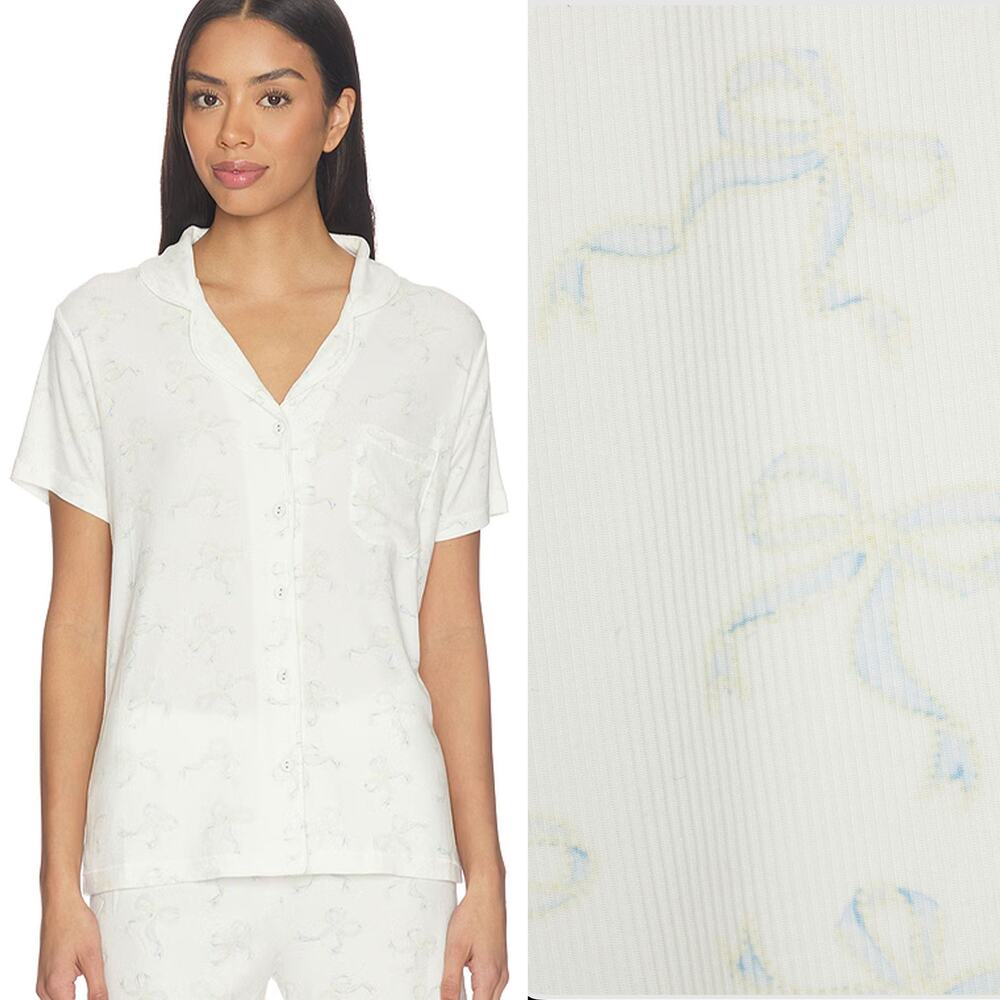 SKIMS Soft Lounge Short Sleep Top Ivory Pearl Bows Print Size 3X